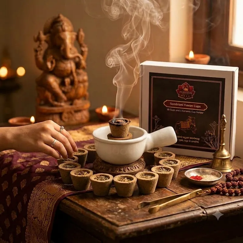 A sambrani cup smouldering on its ceramic holder